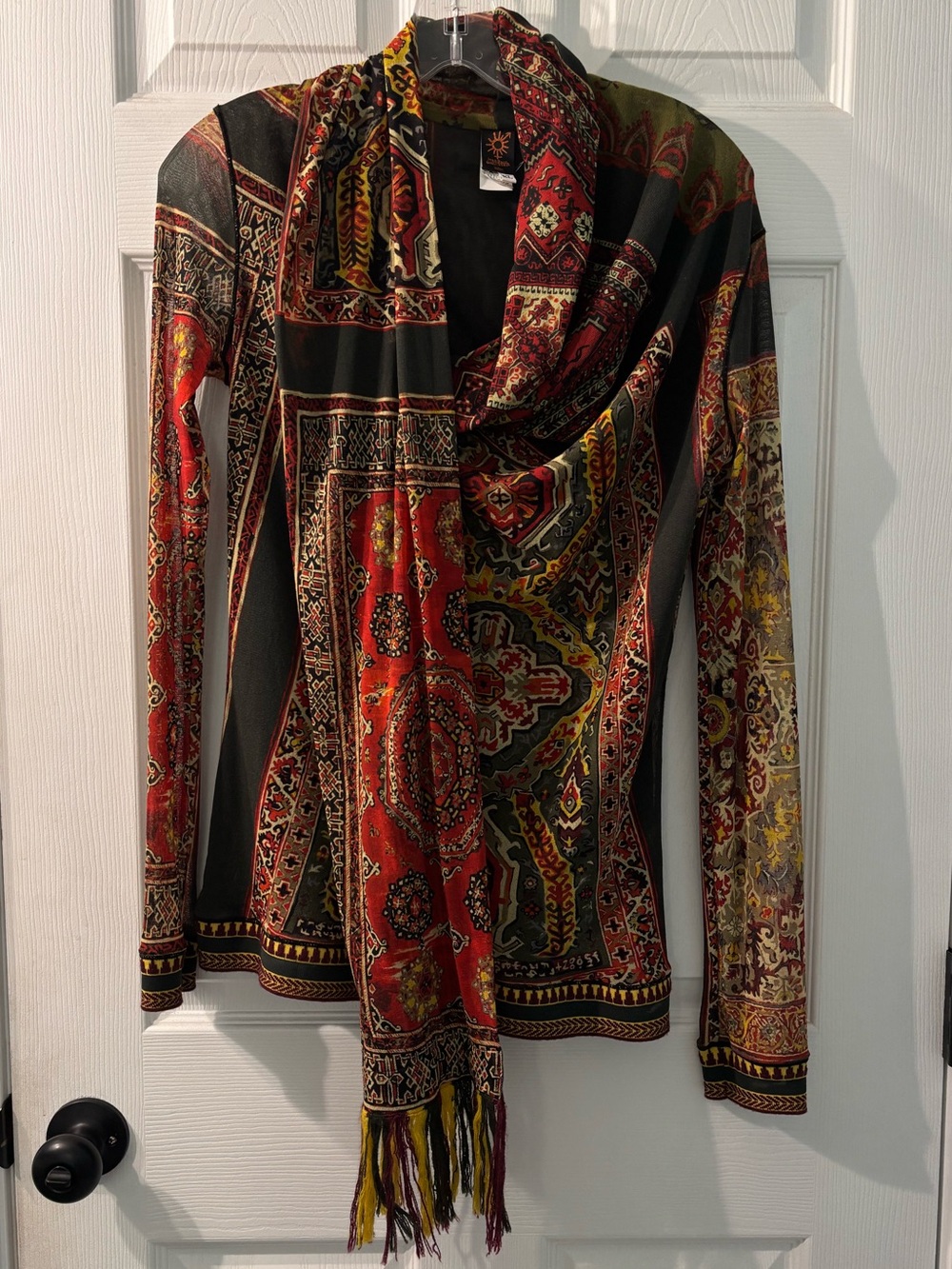 Jean Paul Gaultier Brown Red Gold Paisley-Print Draped Mesh Top